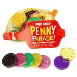 Assorted Colors Foiled Milk Chocolate Penny Parade Coins In Mesh Bags: 20-Piece Box