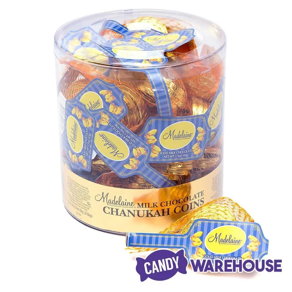 Madelaine Chanukah Gelt Gold Foiled Milk Chocolate Coins In Mesh Bags: 24-Piece Tub - Image 2